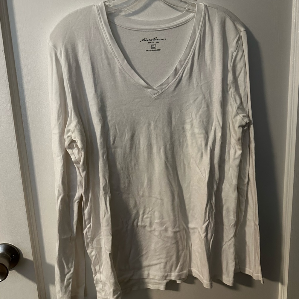 Eddie Bauer Long Sleeve V-Neck Shirt in White